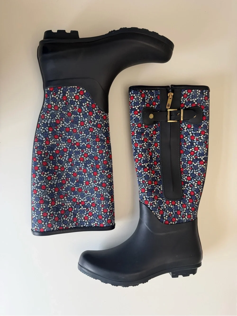 TOMMY HILFIGER MELA WOMEN'S RAIN BOOTS, Navy Floral Tall Rain and snow Boot